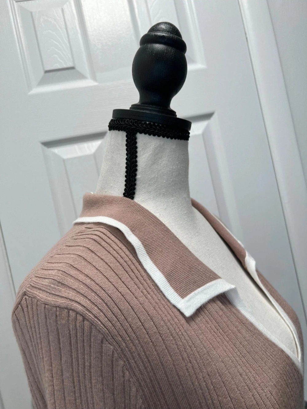 PrettyGarden Ribbed Sweater Maxi Dress XL NWT Taupe biege Contrast Trim Knit Dre - Picture 4 of 9